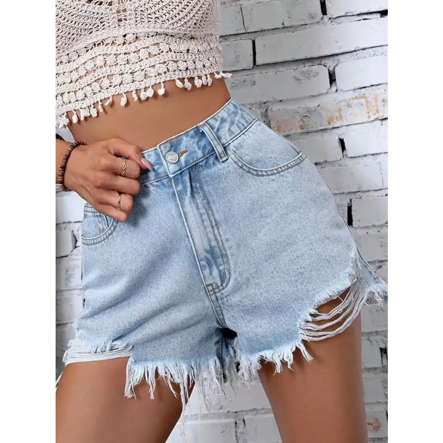 Easygoing Buttoned Raw Hem Pocketed Denim Shorts