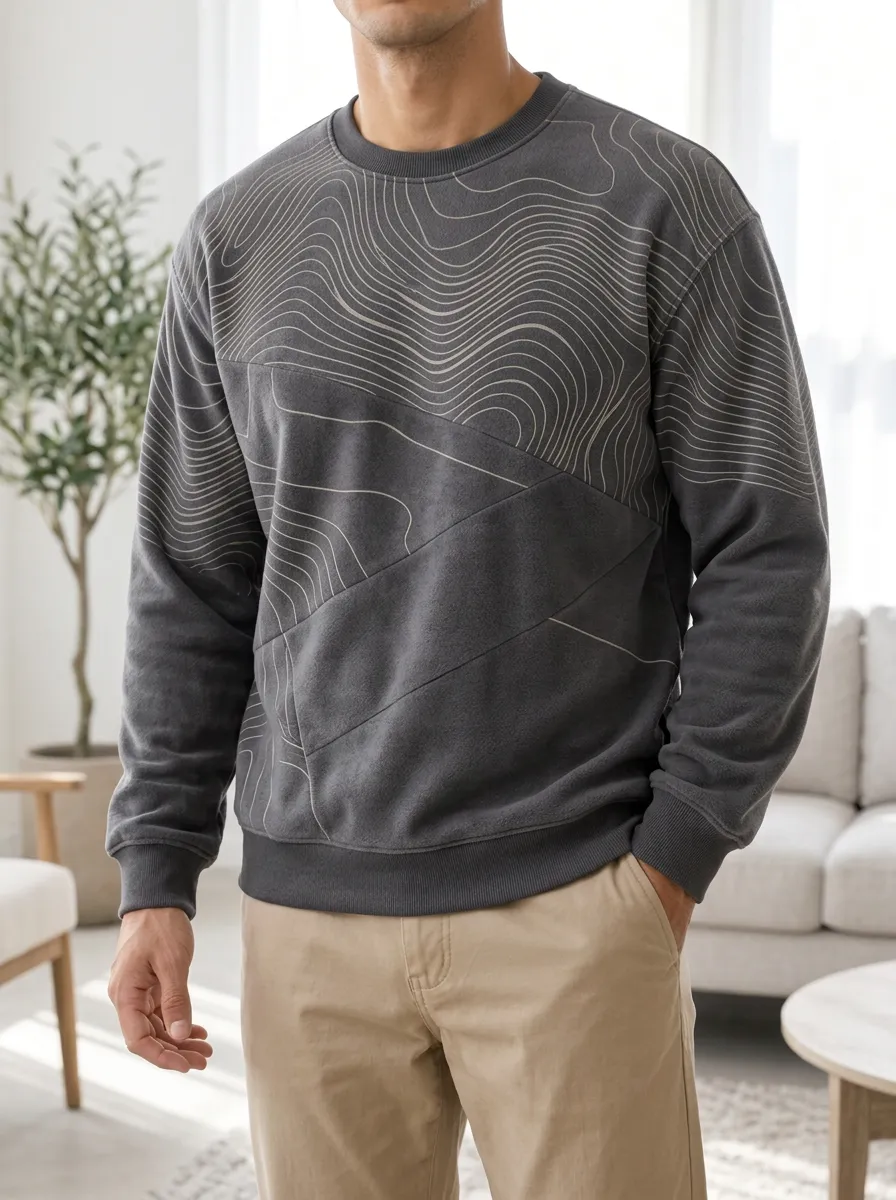 Men's Minimalist Topographic Line Printed Fleece Sweatshirt