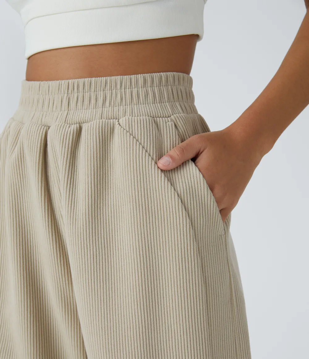 High Waisted Side Pocket Straight Leg Mop Corduroy Casual Pants