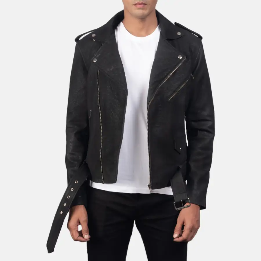 Men's Rugged Biker Leather Fur Trim Jacket