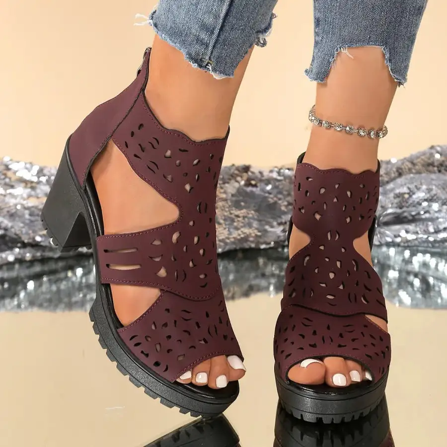 Refined Cutout Block Heels Sandals