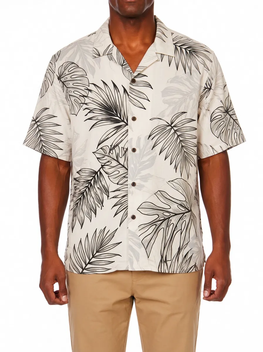 Men's Tropical Summer Beach Black Leaf Printed Aloha Shirt