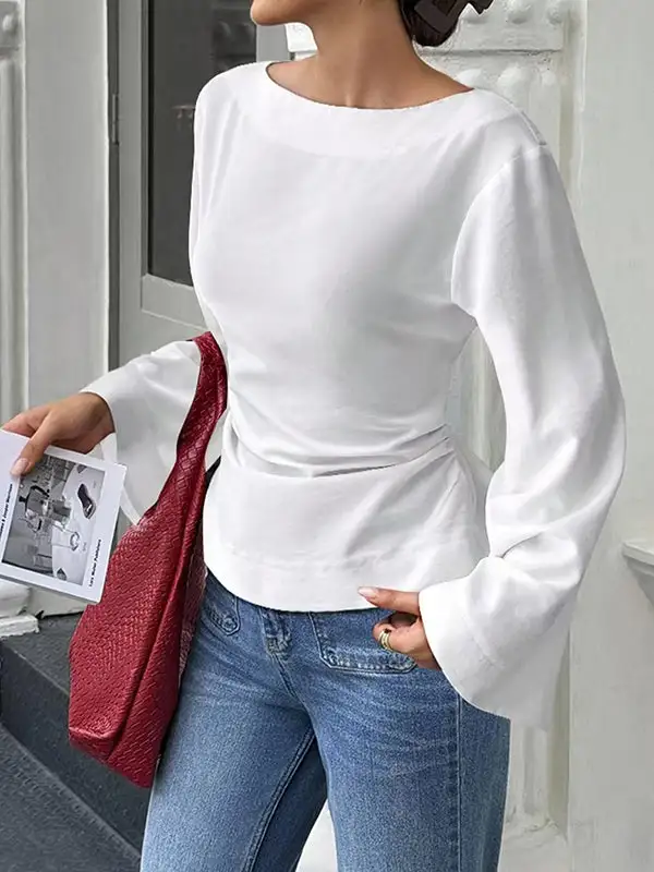 Elastic Waist Flared Sleeve Panel Detail Tie Waist Round Neck T-Shirt