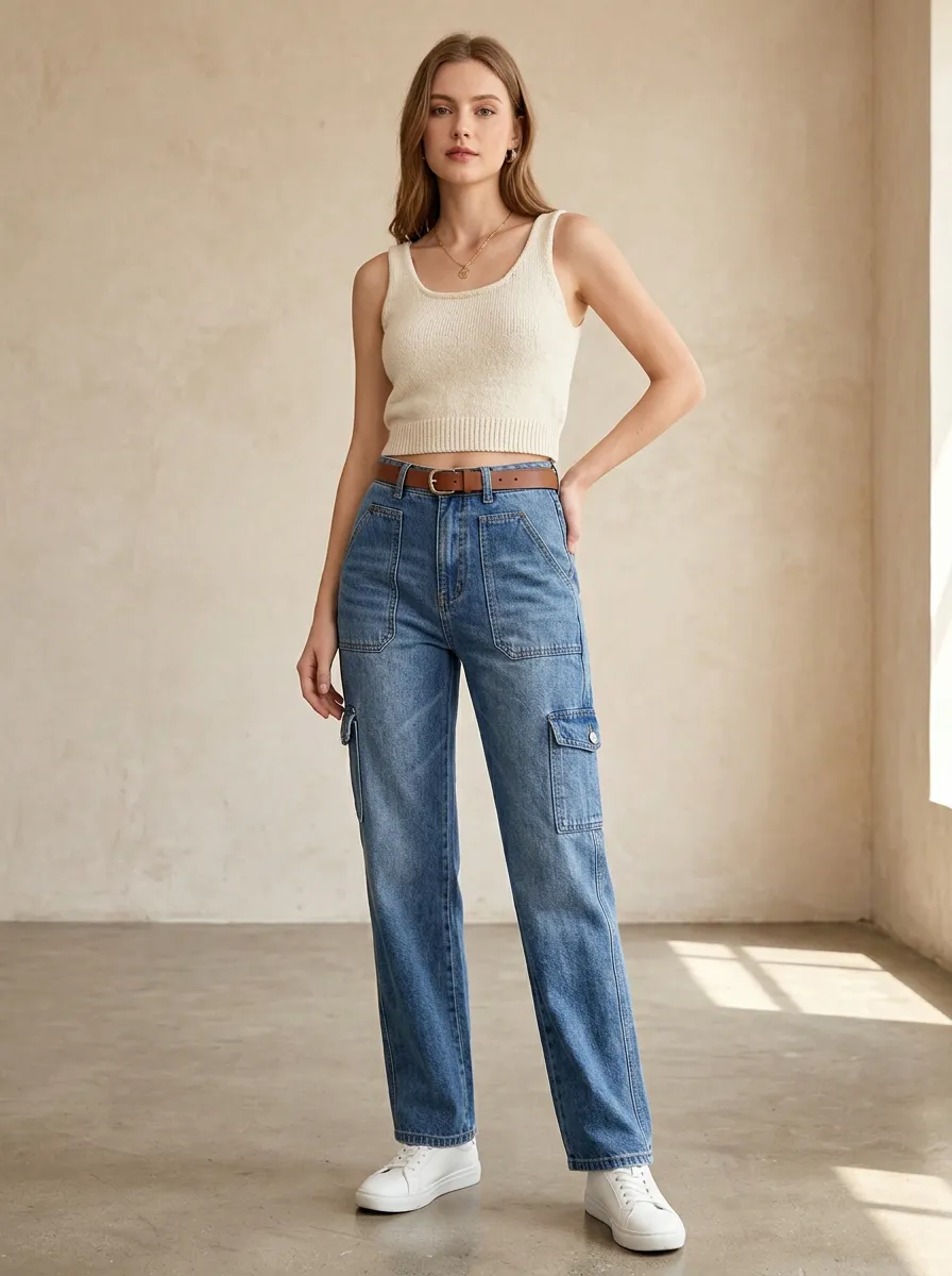 Women's Casual Fashion High-Waisted Cargo Denim Jeans