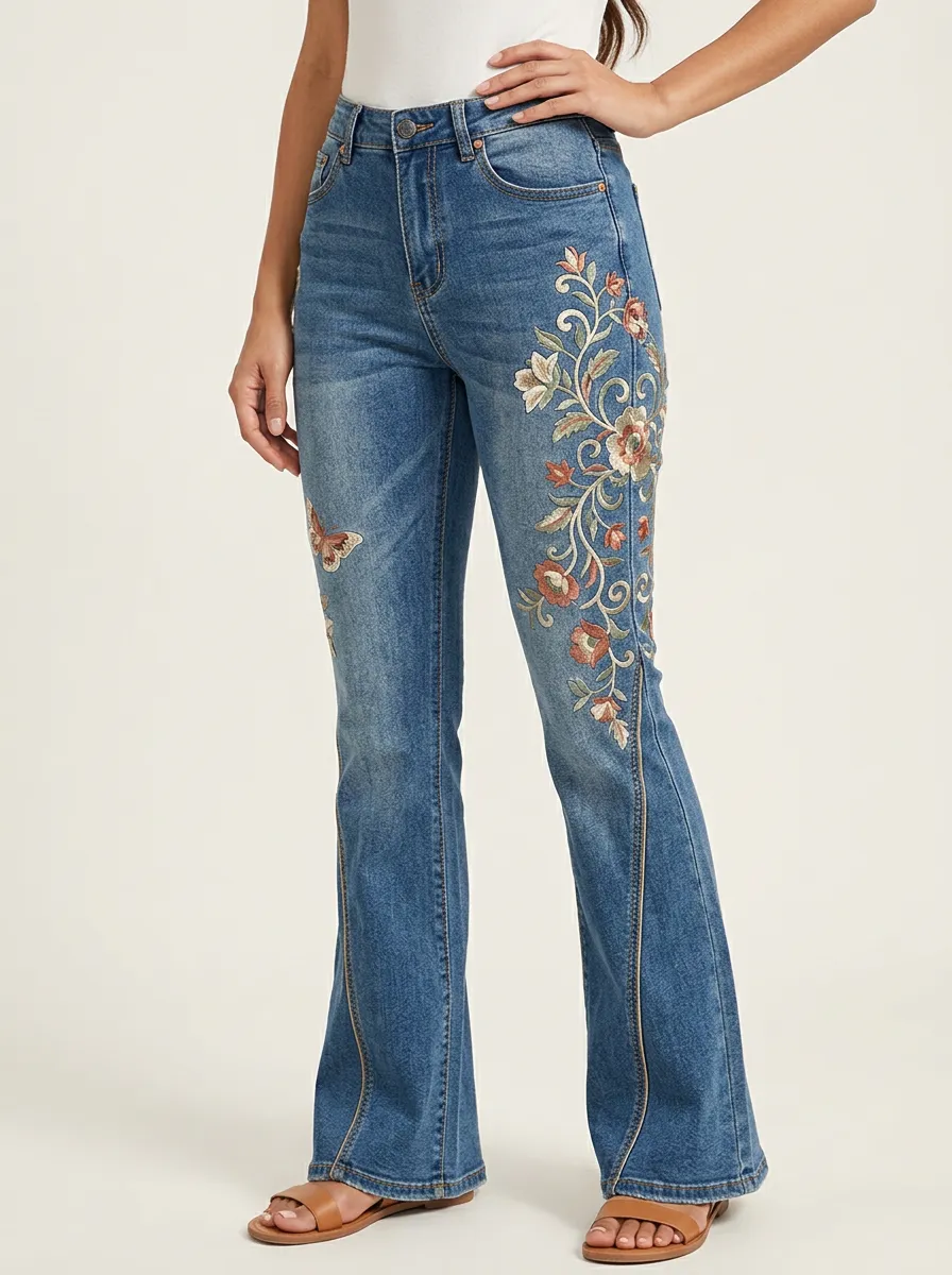 Women's Vintage Floral Butterfly Embroidered Printed Flare Jeans