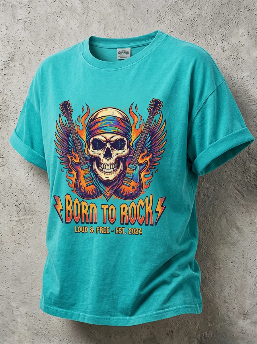 Unisex Rock Music Lover Skull Guitar Flame Printed T-shirt