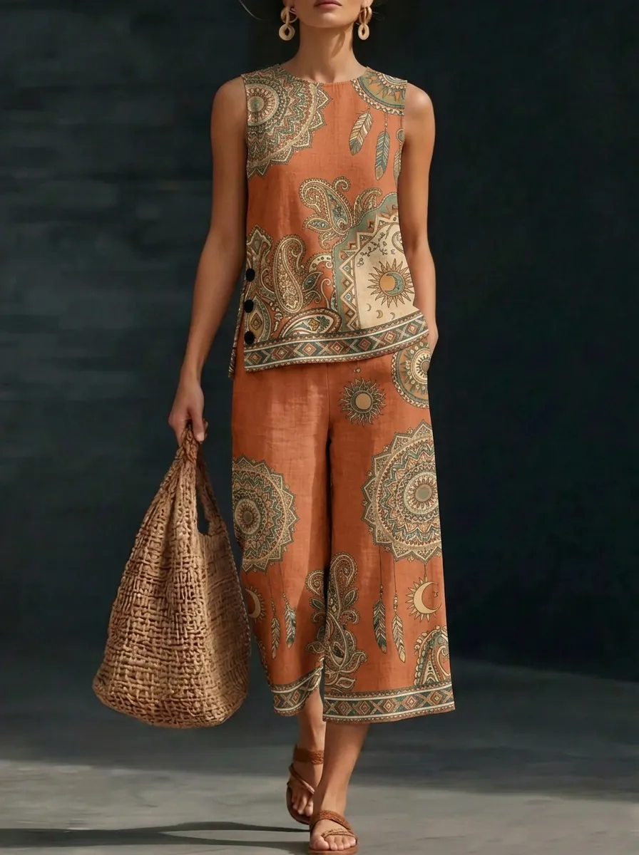 Women's Bohemian Paisley Mandala Printed Sleeveless Set