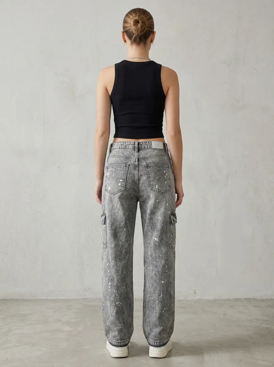Women's Y2K Streetwear Acid Wash Paint Splatter Cargo Jeans