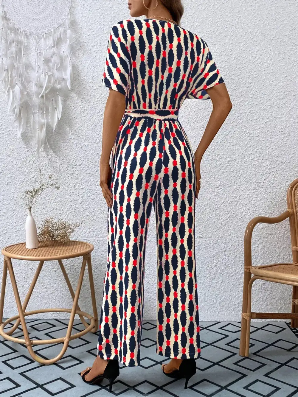 Printed Surplice Tie Waist Short Sleeve Shorts