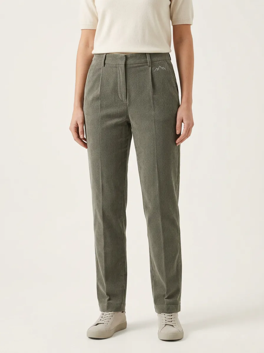 Women's Mountain Embroidered Pleated Corduroy Straight-Leg Pants