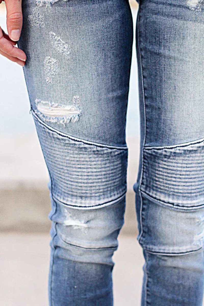 Ripped Raw Hem Low Rise Skinny Moto Jeans