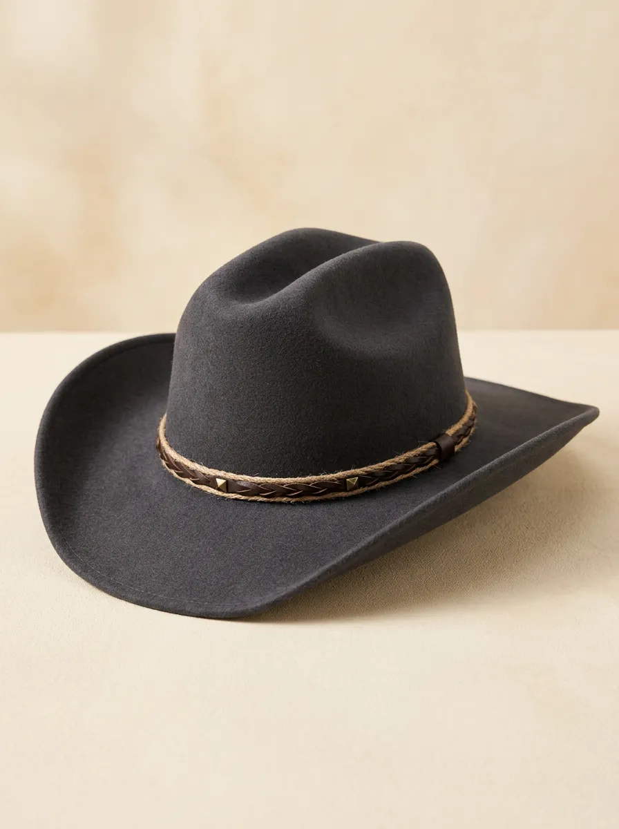 Studded Braided Rope Band Felt Cowboy Hat