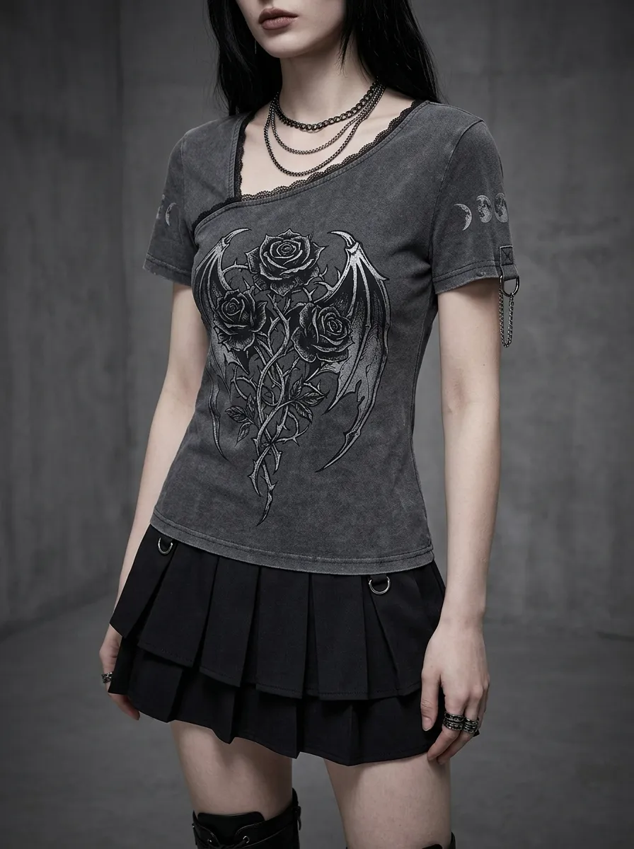 Moonlit Rose Moon Phase Moon Statement Women's Gothic T-Shirt