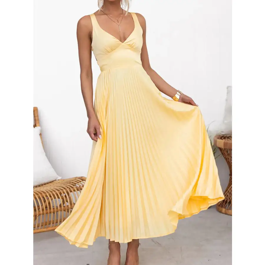 Pleated V Neck Sleeveless Maxi Dress