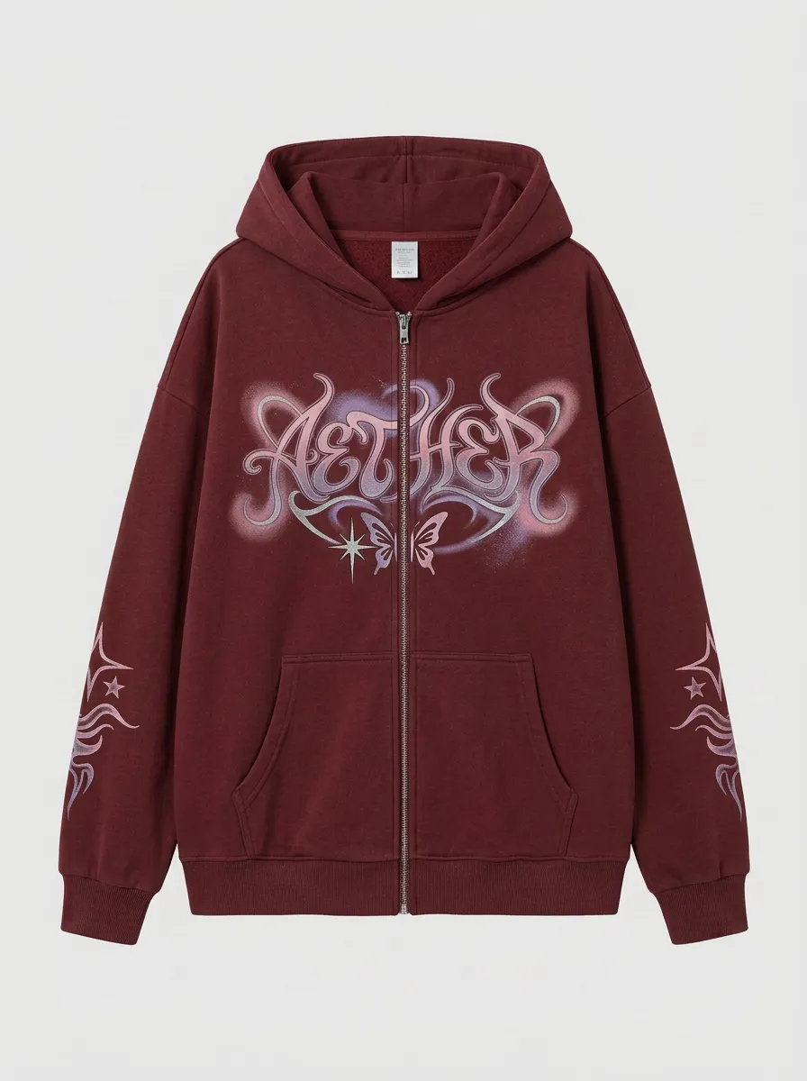 Unisex Streetwear Aether Butterfly Star Printed Zip-up Hoodie