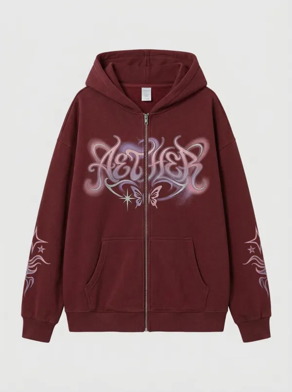 Unisex Streetwear Aether Butterfly Star Printed Zip-up Hoodie