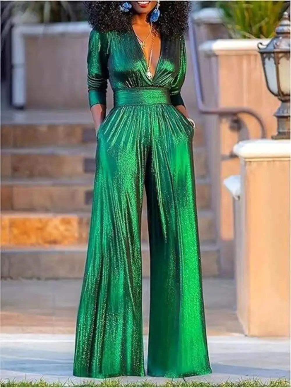 Deep V Neck Wide Leg Jumpsuit