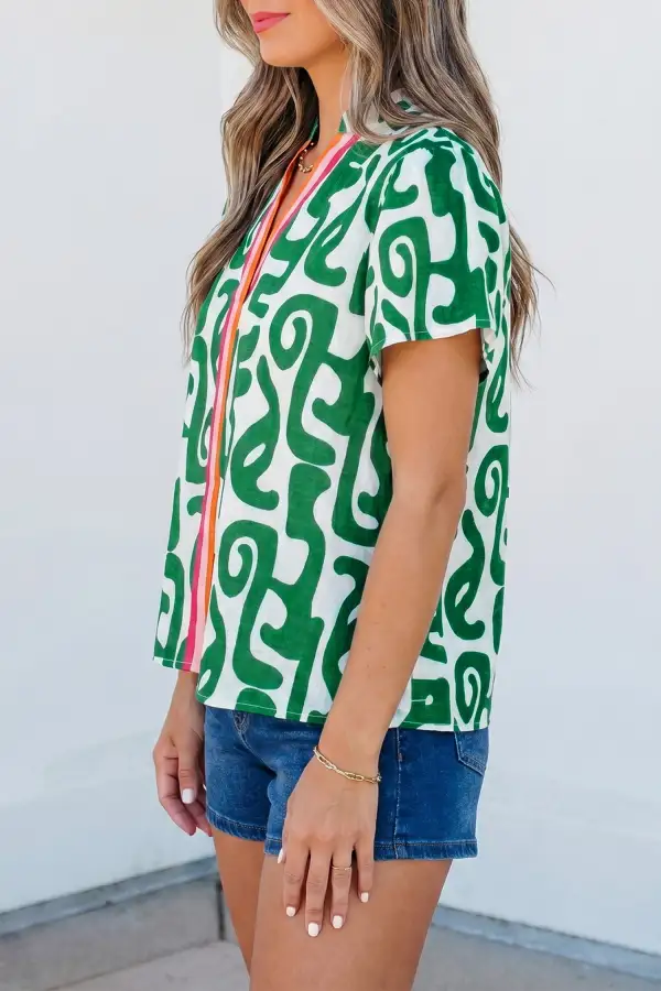 Women's Striped Abstract Print V Neck Top