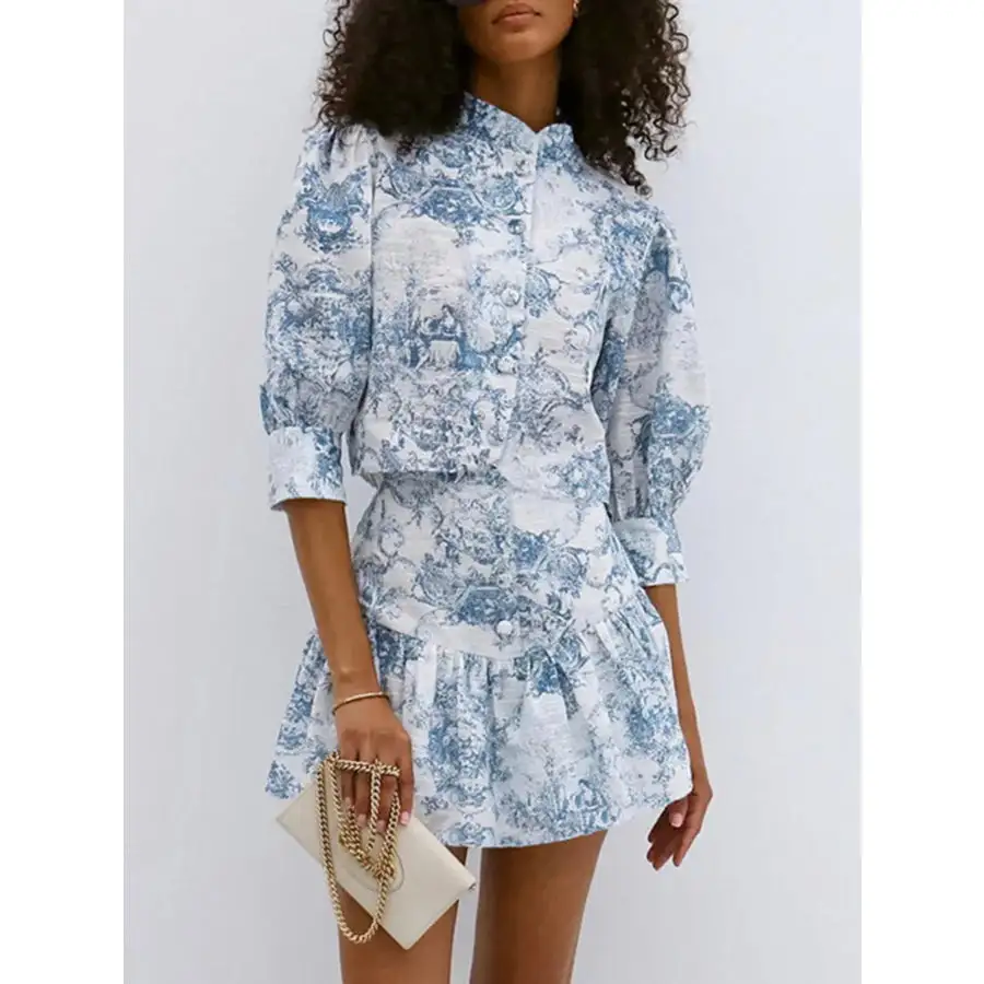 Printed Mock Neck Top and Skirt Set