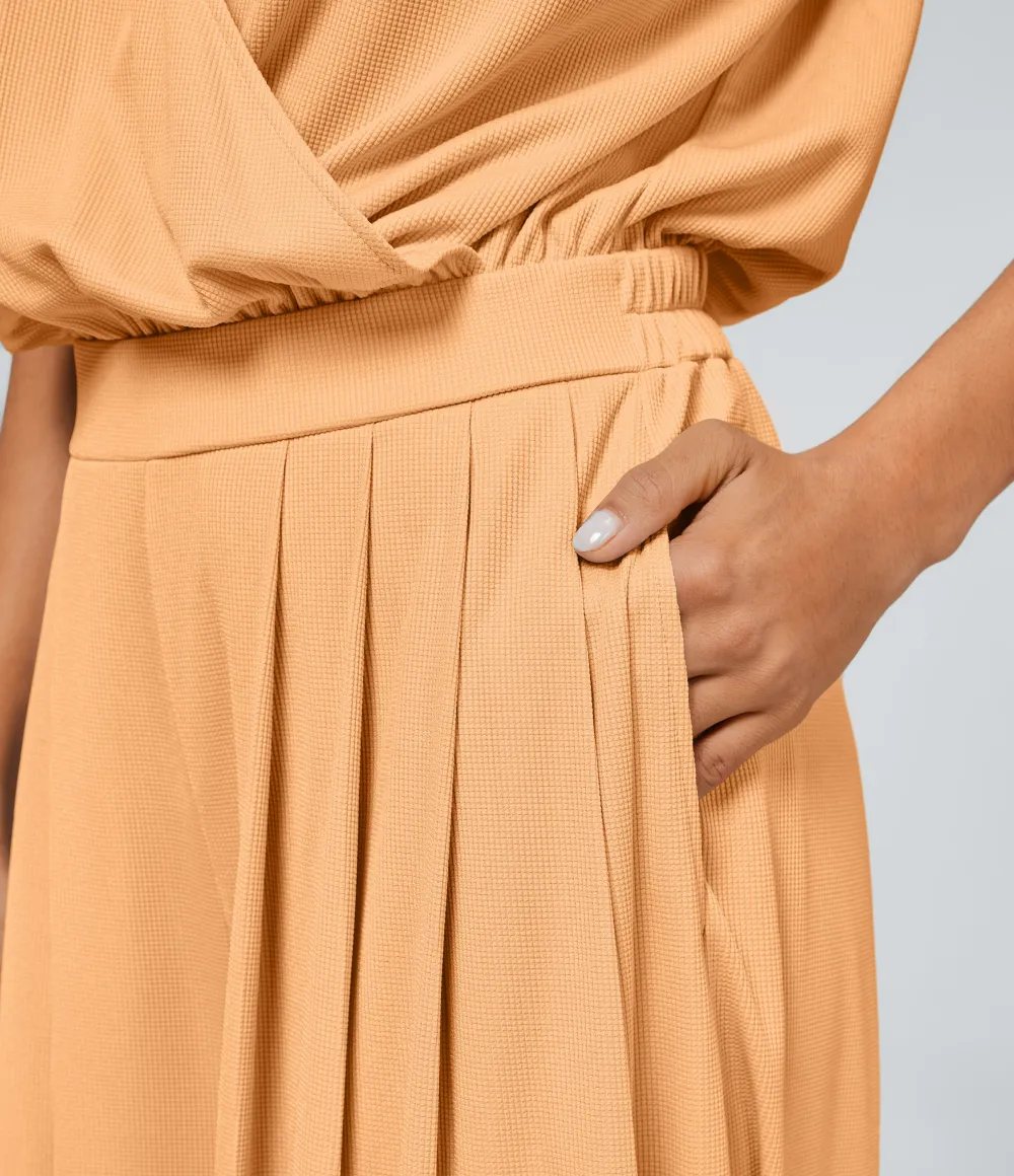 V Neck Short Sleeve Side Pocket Wide Leg Flowy Waffle Casual Jumpsuit