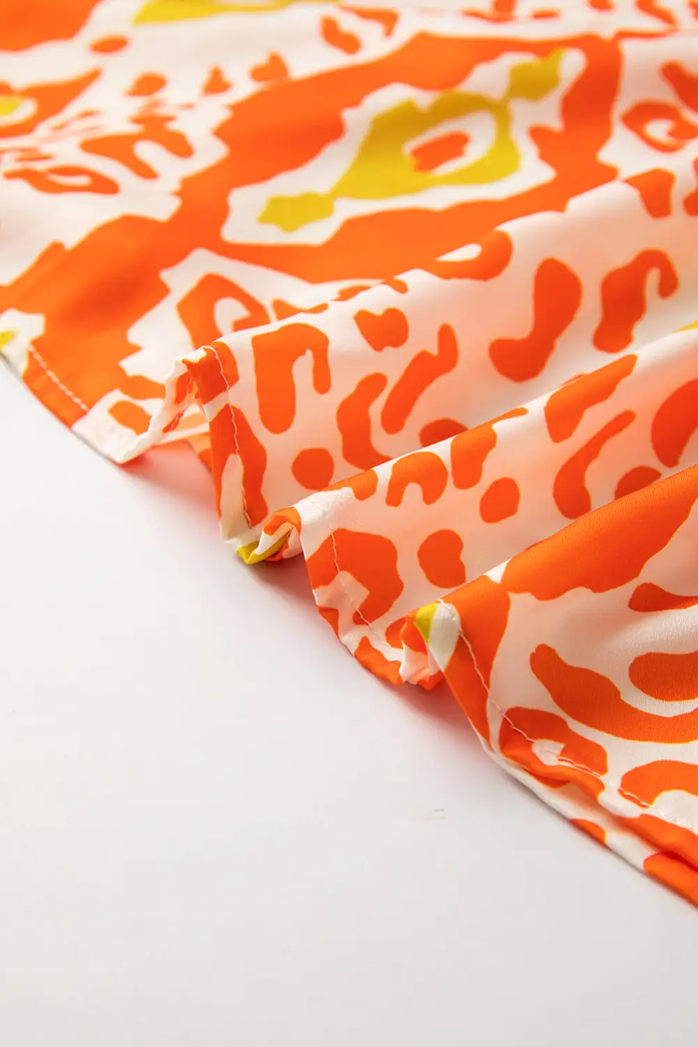 Orange Leopard Colorblock Puff Sleeve Split Neck Blouse