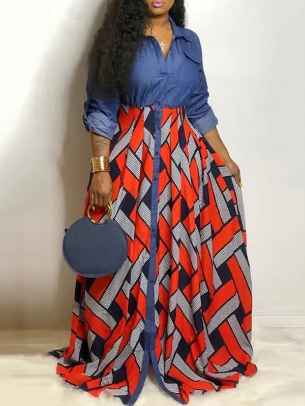 Sleeves Printed Buttoned Long Maxi Dress