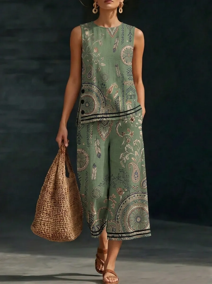Women's Boho Paisley Feather Printed Sleeveless Set