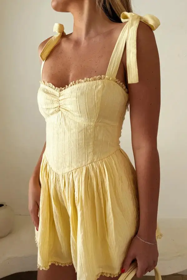 Yellow Tie Shoulder Smocked Romper