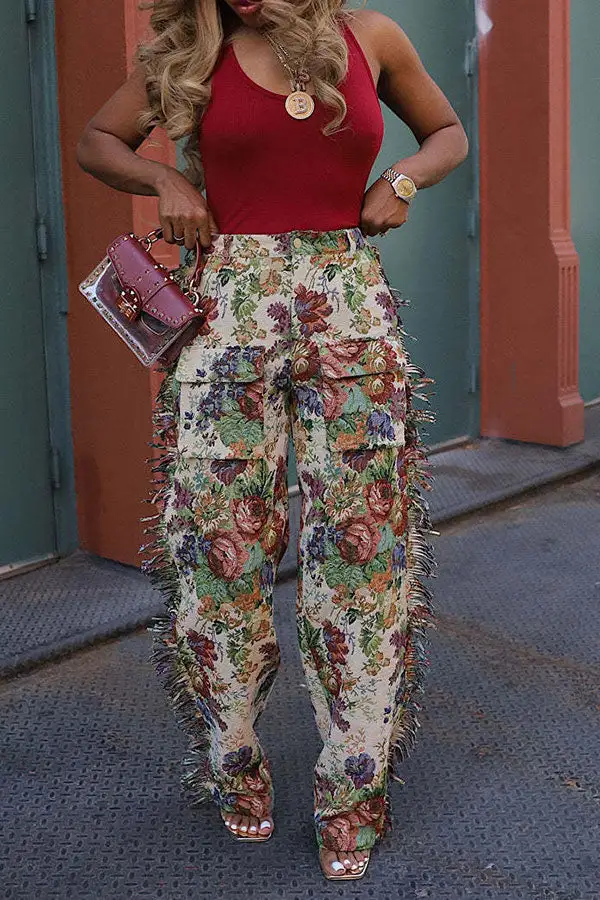 Floral Print Tassel Pocket Pant Set