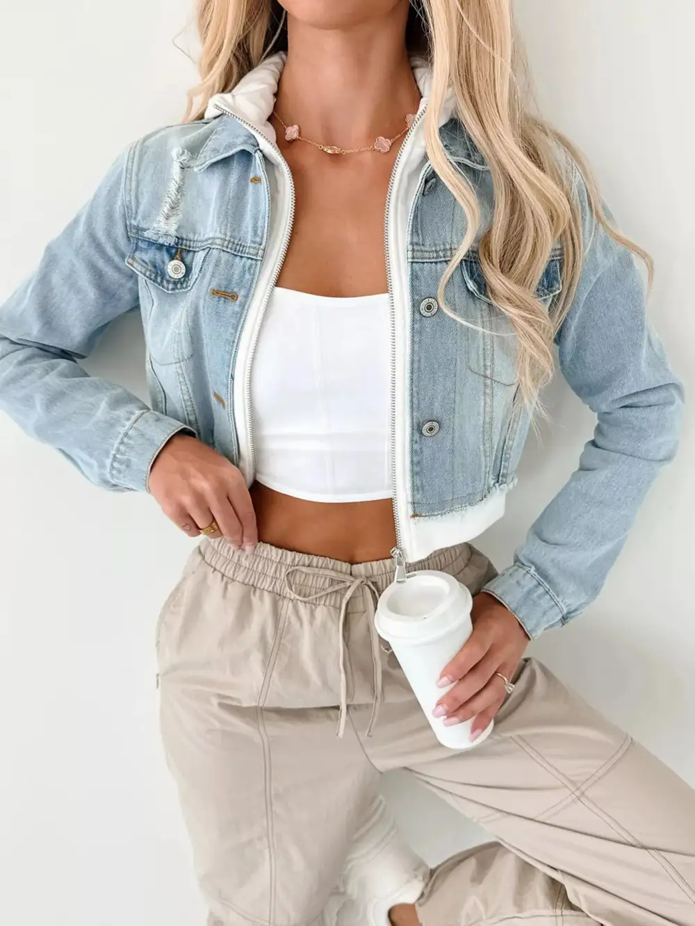 Distressed Zip Up Cropped Hooded Jacket