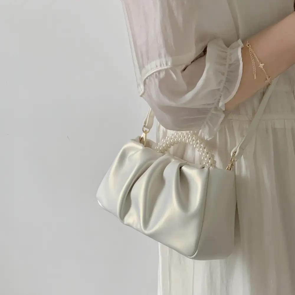 Compact Pearl Pleated Clutch Bag