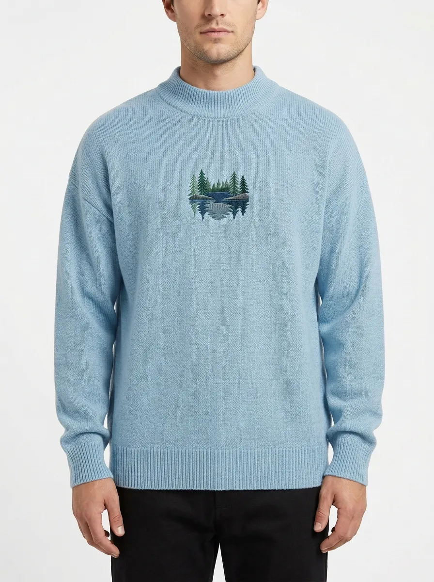 Men's Pine Forest Lake Embroidered Mock-Neck Knit Sweater