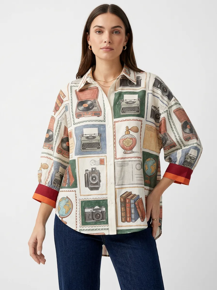 Women's Vintage Hobby Lover Stamp Print Button-Down Shirt