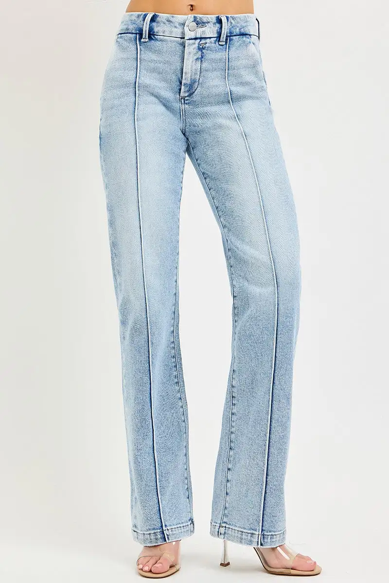 High Rise Pintuck Straight Leg Jeans