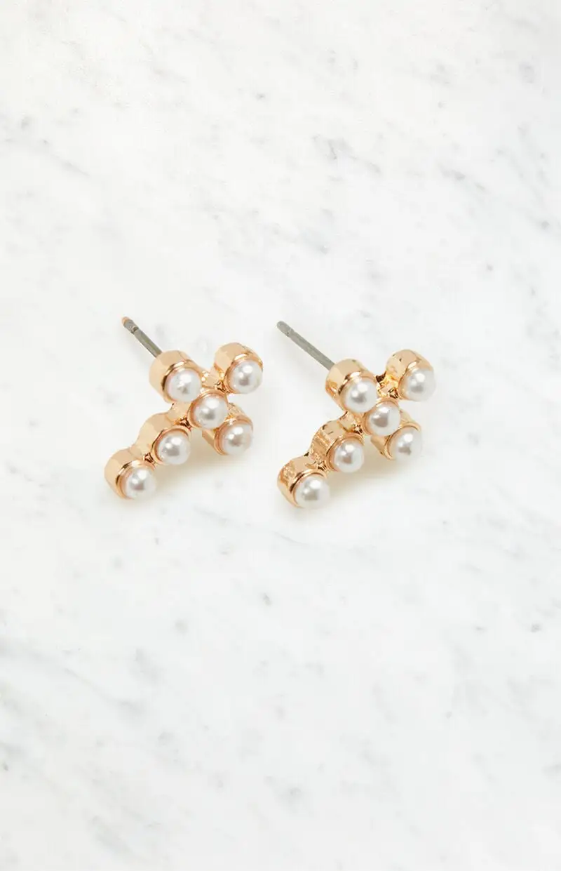 LA Hearts Mini Pearl Cross Stud Earrings