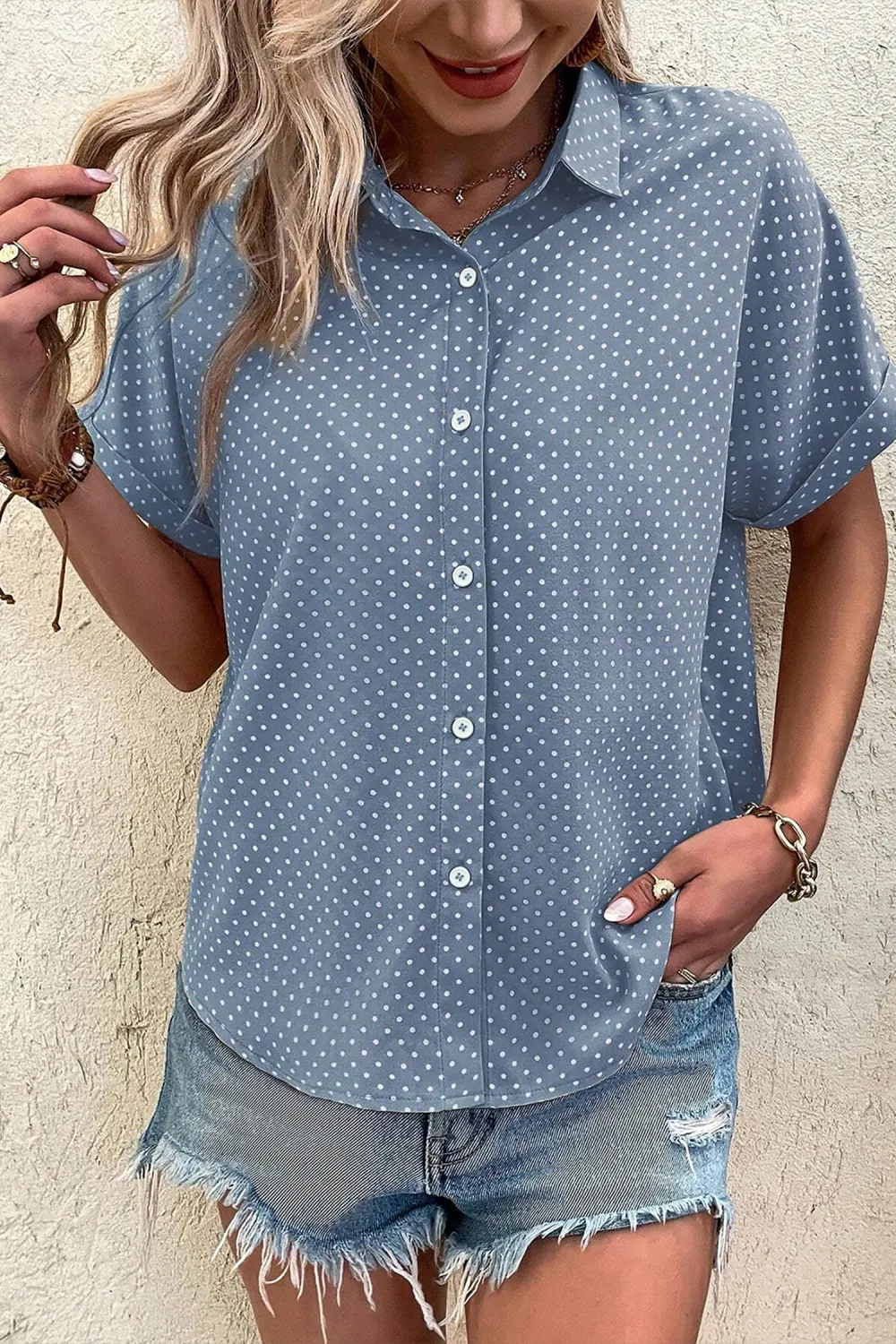 Sky Blue Dotted Print Cuffed Shirt