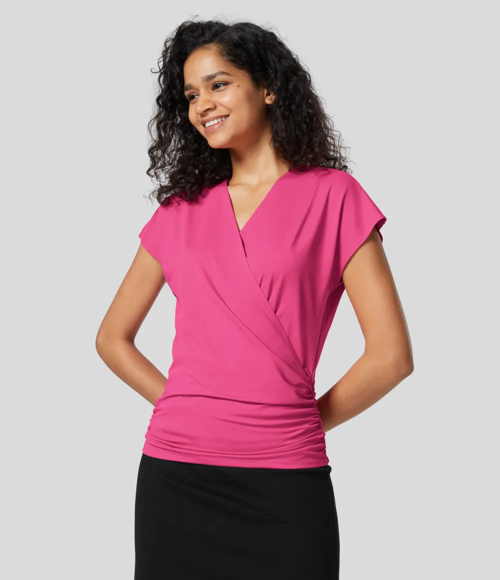 V Neck Cap Sleeve Crossover Ruched Solid Work Blouse