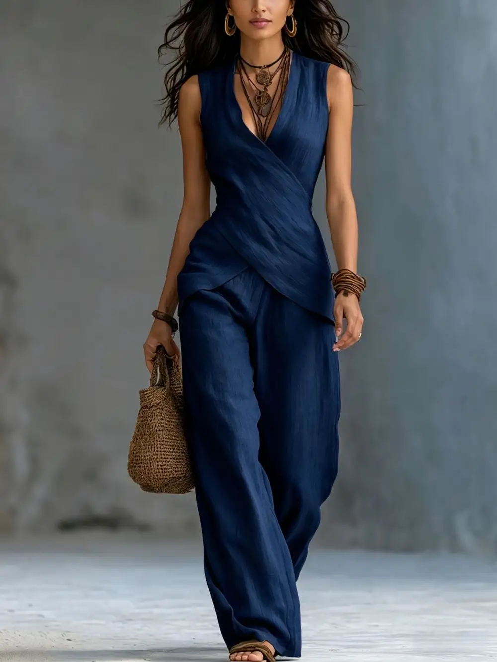 V-Neck Denim Knit Women's Lounge Set