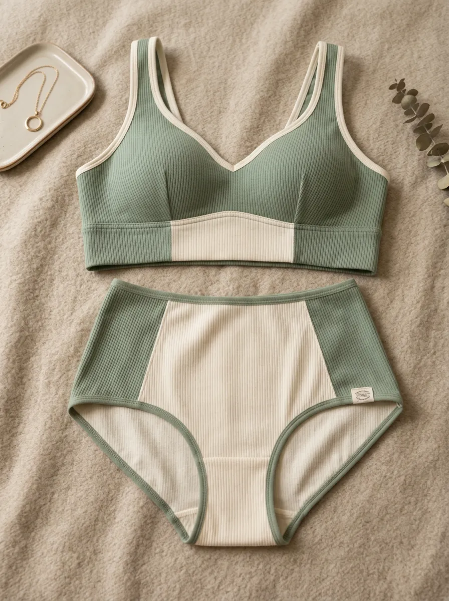 Women's Ribbed Colorblock And Block Lingerie Set