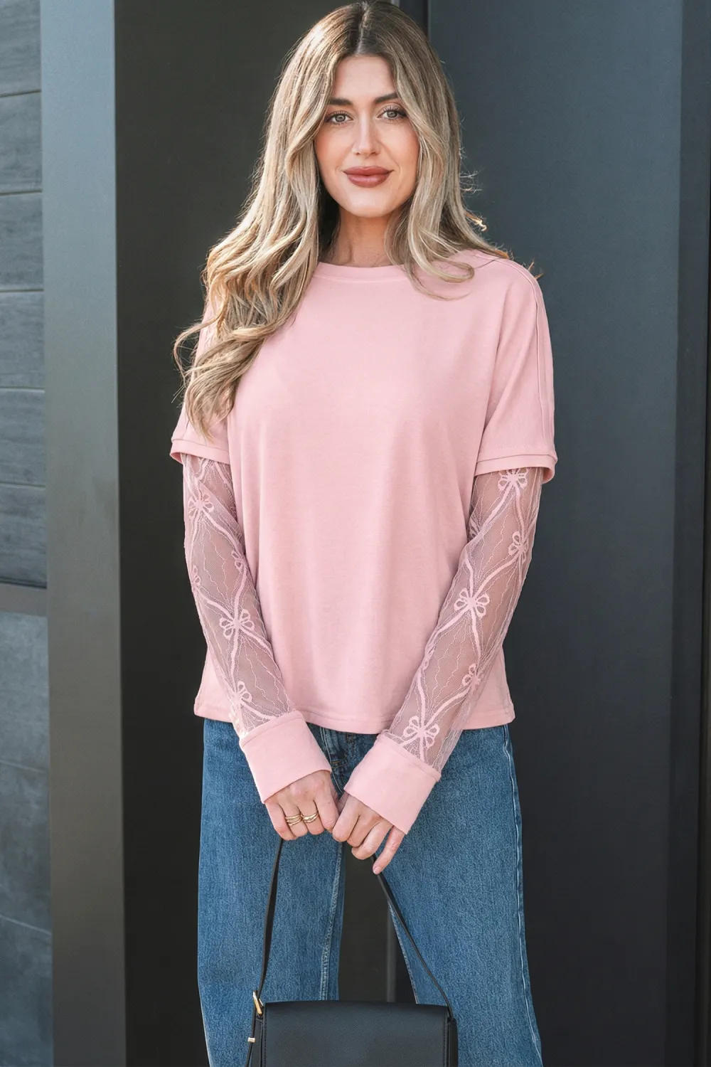 Light Pink Bow Textured Patchwork Tee