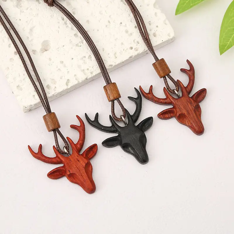 Deer Pendant Necklace Keychain Bag Charm Wooden Retro Accessory