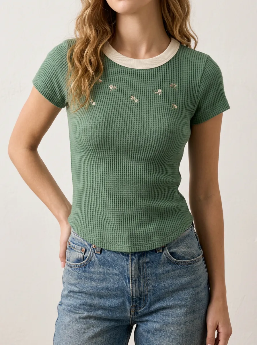 Textured Casual Floral Embroidered Waffle Knit Printed Top