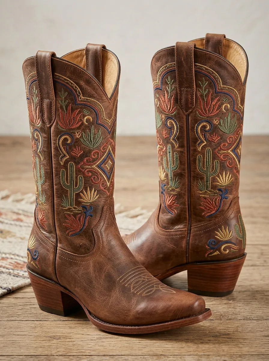 Unisex Country Road Cactus Floral Design Western Cowboy Boots