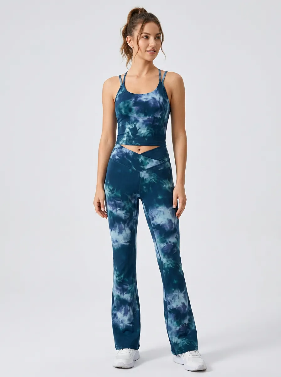 Women's Blue Tie-Dye Crisscross Waist Yoga Set