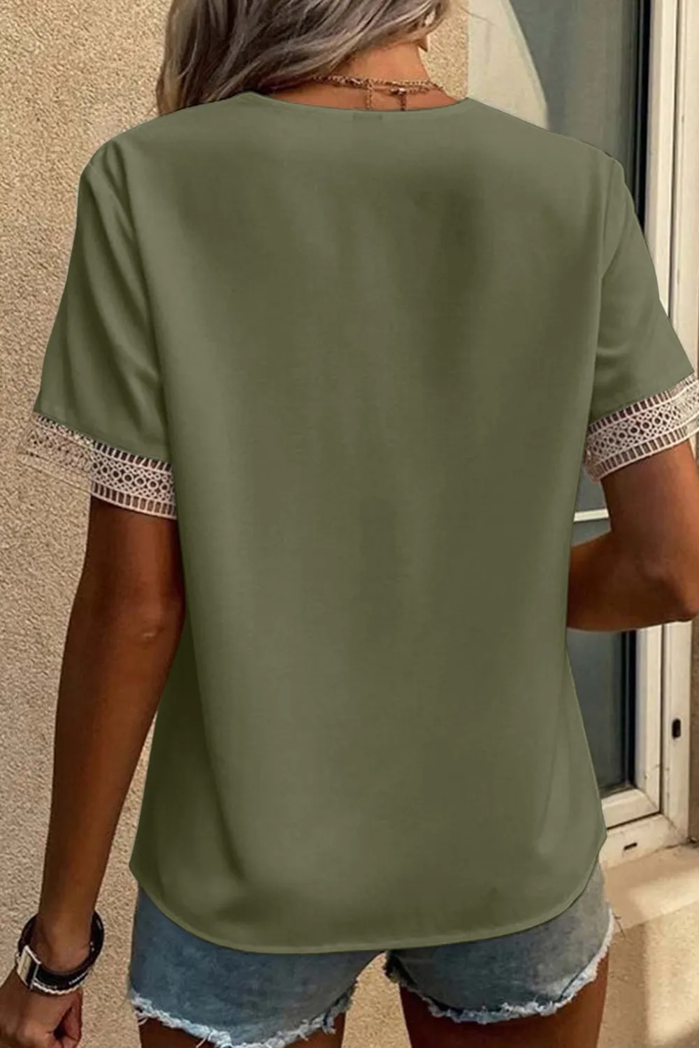 Green Lace Trim V Neck Blouse