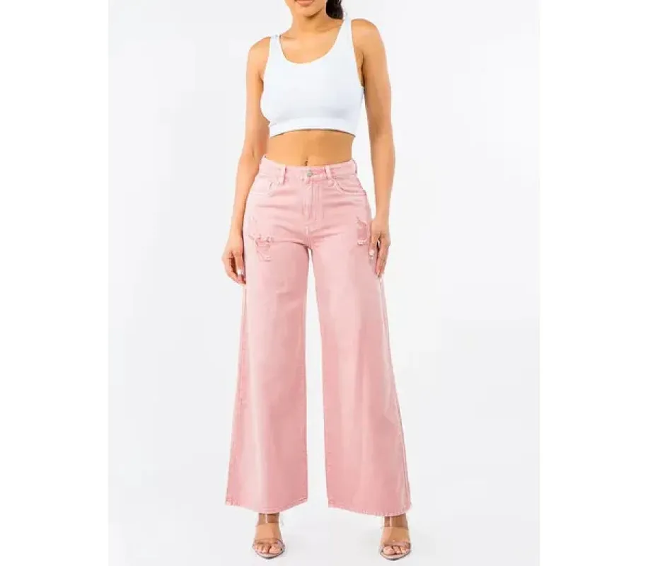High-Waist Distressed Wide Leg Jeans