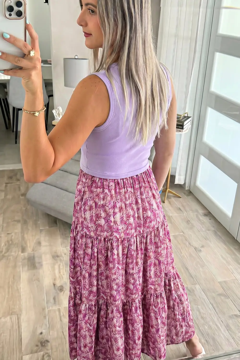 Classic Ribbed V Neck Tank Floral Contrast Patchwork Long Dress