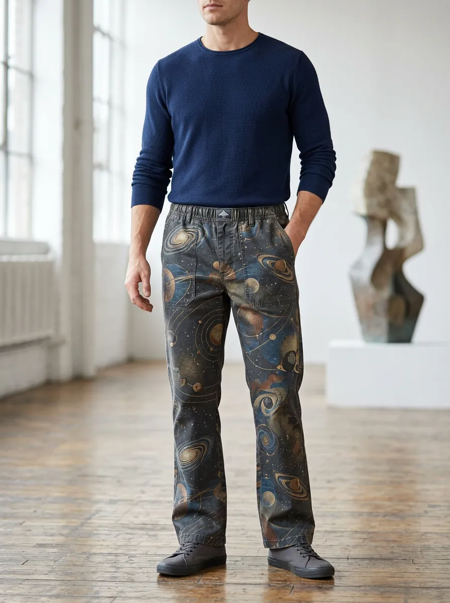 Men's Celestial Print Elastic-Waist Pants