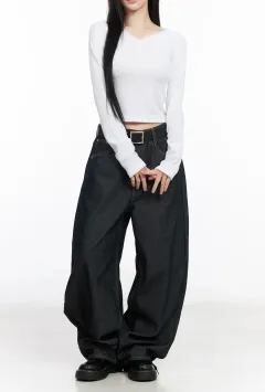Pocketed Non-Fade Wide Leg Jeans