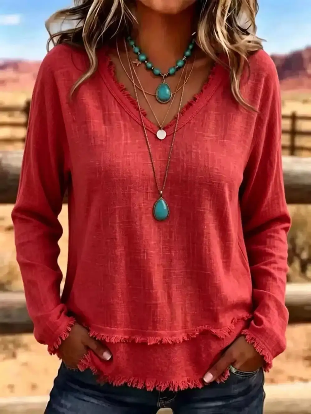 Long Sleeve V-Neck Frayed Hem Blouse